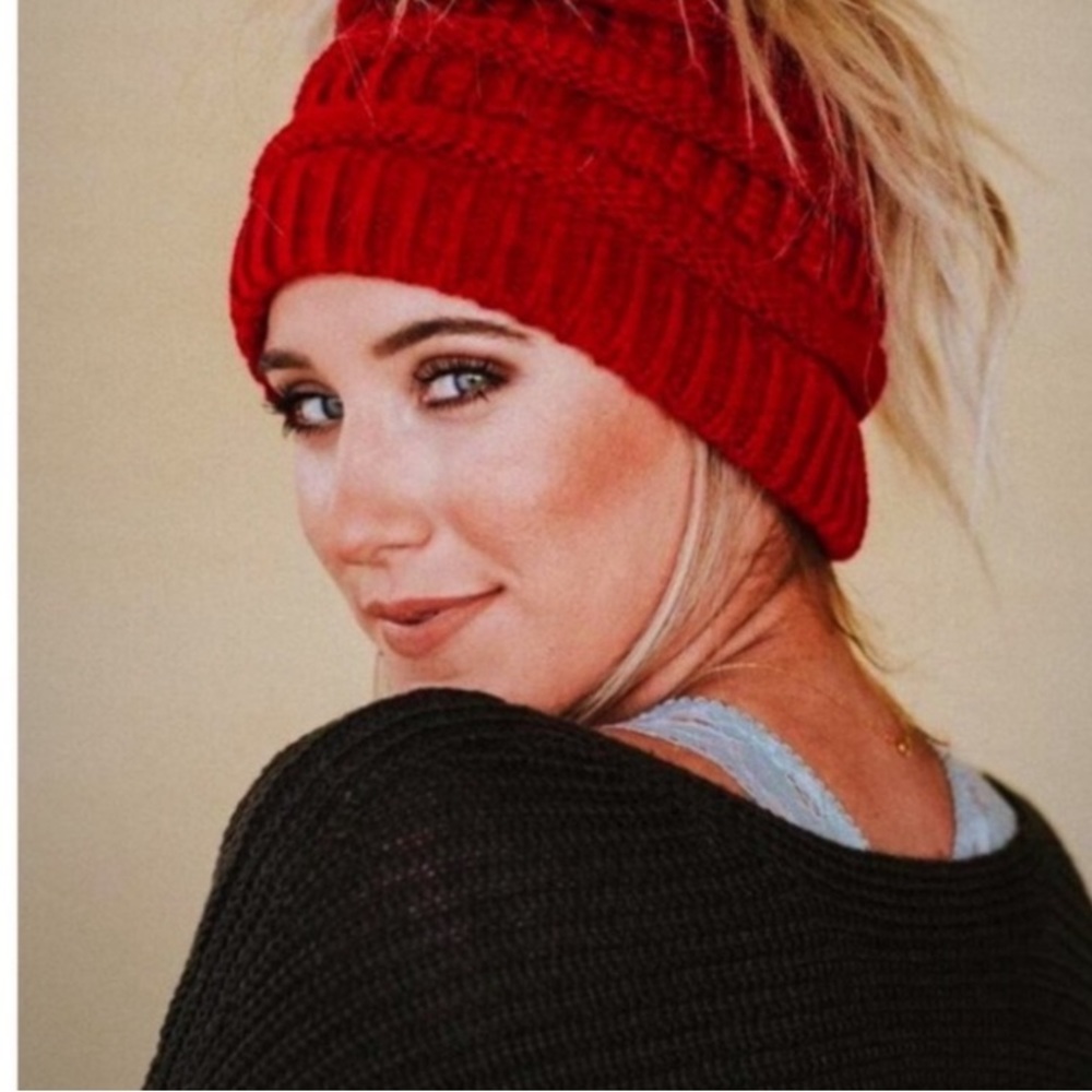 Beanie Knitted Headband Red Messy Bun Ponytail Crochet knitted Ponytail